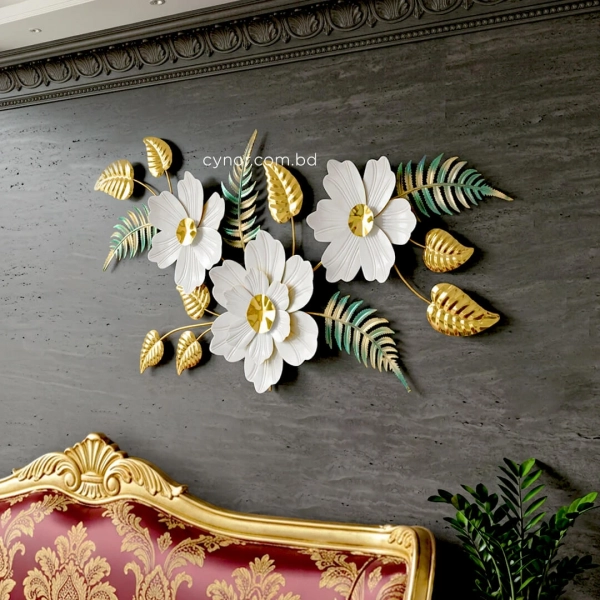 WR745-White Floral Blossoms with Stainless Steel Golden Leaves and Emerald Fern Metal Wall Decor (2)