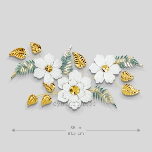 WR745-White Floral Blossoms with Stainless Steel Golden Leaves and Emerald Fern Metal Wall Decor (3)