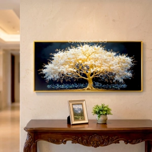 WR749-2-Blossom Tree with Golden Branches Wall Art with Resin Encased Glittering Stone and Aluminium Frame (2)