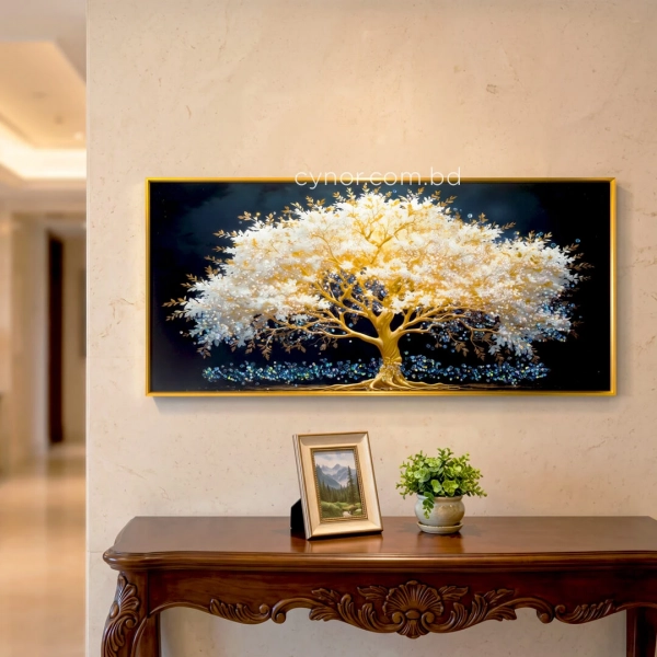 WR749-2-Blossom Tree with Golden Branches Wall Art with Resin Encased Glittering Stone and Aluminium Frame (2)
