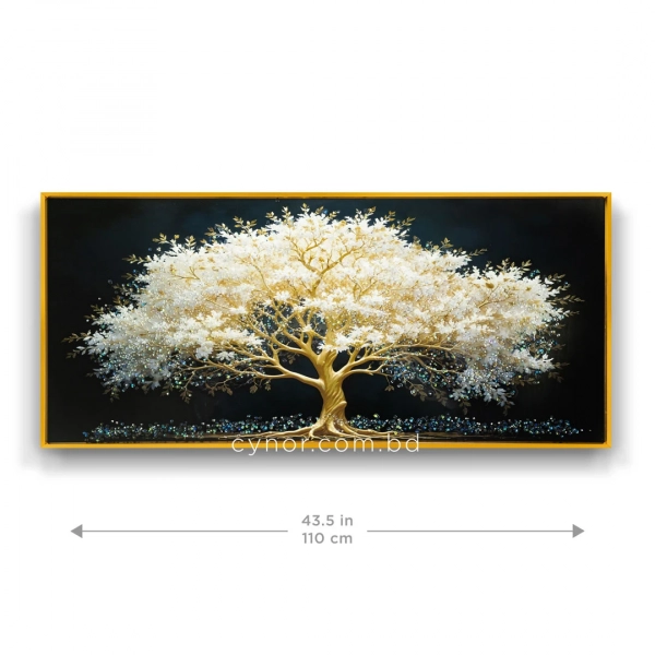 WR750-4-White Blossom Tree with Golden Branches Wall Art with Resin Encased Glittering Stone Aluminium Frame (2)