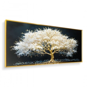 WR750-4-White Blossom Tree with Golden Branches Wall Art with Resin Encased Glittering Stone Aluminium Frame (3)