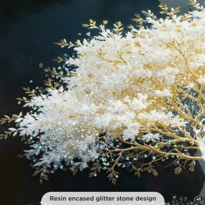 WR750-4-White Blossom Tree with Golden Branches Wall Art with Resin Encased Glittering Stone Aluminium Frame (4)