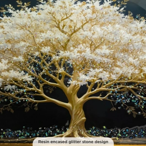 WR750-4-White Blossom Tree with Golden Branches Wall Art with Resin Encased Glittering Stone Aluminium Frame (5)