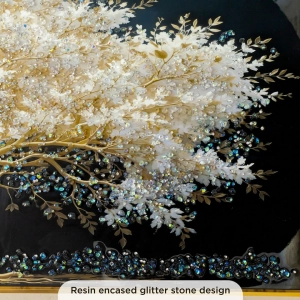 WR750-4-White Blossom Tree with Golden Branches Wall Art with Resin Encased Glittering Stone Aluminium Frame (6)