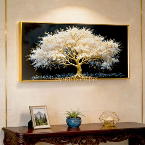 WR750-4-White Blossom Tree with Golden Branches Wall Art with Resin Encased Glittering Stone Aluminium Frame (8)