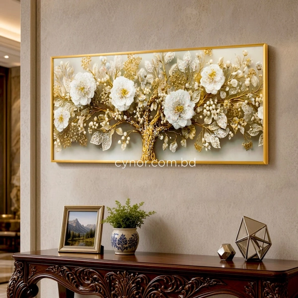 WR750-5-White Floral Branch with Golden Accents Wall Art Resin Encased Glittering Stone Aluminium Frame (1)
