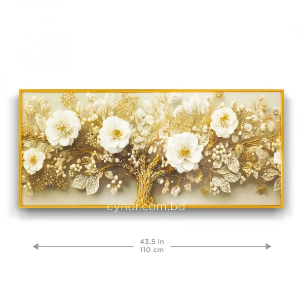 WR750-5-White Floral Branch with Golden Accents Wall Art Resin Encased Glittering Stone Aluminium Frame (2)