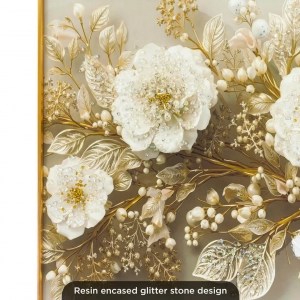 WR750-5-White Floral Branch with Golden Accents Wall Art Resin Encased Glittering Stone Aluminium Frame (4)