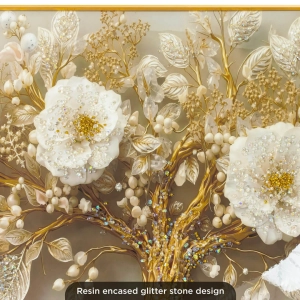 WR750-5-White Floral Branch with Golden Accents Wall Art Resin Encased Glittering Stone Aluminium Frame (5)