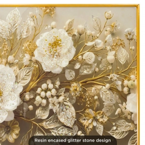 WR750-5-White Floral Branch with Golden Accents Wall Art Resin Encased Glittering Stone Aluminium Frame (6)