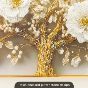 WR750-5-White Floral Branch with Golden Accents Wall Art Resin Encased Glittering Stone Aluminium Frame (7)