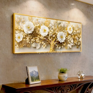 WR750-5-White Floral Branch with Golden Accents Wall Art Resin Encased Glittering Stone Aluminium Frame (9)