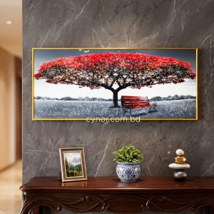 WR750-7-Red Blossom Tree with Park Bench Wall Art with Resin Encased Glittering Stone Aluminium Frame (1)