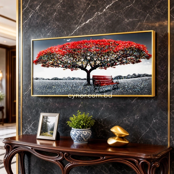 WR750-7-Red Blossom Tree with Park Bench Wall Art with Resin Encased Glittering Stone Aluminium Frame (10)