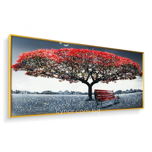 WR750-7-Red Blossom Tree with Park Bench Wall Art with Resin Encased Glittering Stone Aluminium Frame (12)