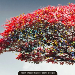 WR750-7-Red Blossom Tree with Park Bench Wall Art with Resin Encased Glittering Stone Aluminium Frame (13)