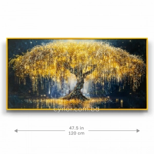 WR751-1-Golden Weeping Willow Tree Wall Art with Resin Encased Glittering Stone and Aluminium Frame (2)