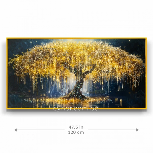 WR751-1-Golden Weeping Willow Tree Wall Art with Resin Encased Glittering Stone and Aluminium Frame (2)