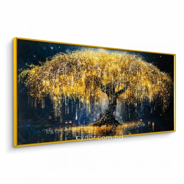 WR751-1-Golden Weeping Willow Tree Wall Art with Resin Encased Glittering Stone and Aluminium Frame (3)
