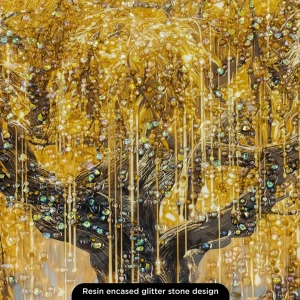WR751-1-Golden Weeping Willow Tree Wall Art with Resin Encased Glittering Stone and Aluminium Frame (5)