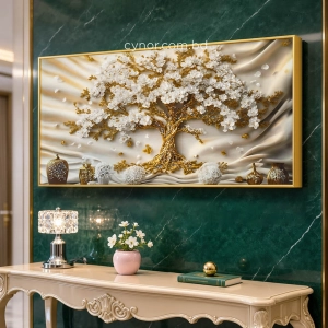 WR751-10-White Blossom Tree with Golden Trunk and Vases Wall Art with Resin Encased Glittering Stone Aluminium Frame (1)
