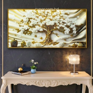 WR751-10-White Blossom Tree with Golden Trunk and Vases Wall Art with Resin Encased Glittering Stone Aluminium Frame (2)