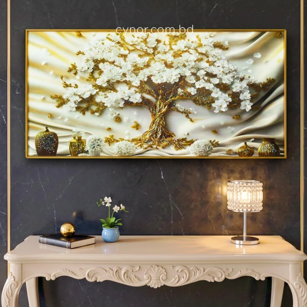 WR751-10-White Blossom Tree with Golden Trunk and Vases Wall Art with Resin Encased Glittering Stone Aluminium Frame (2)