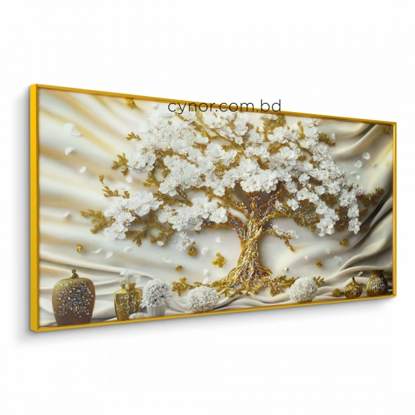 WR751-10-White Blossom Tree with Golden Trunk and Vases Wall Art with Resin Encased Glittering Stone Aluminium Frame (4)