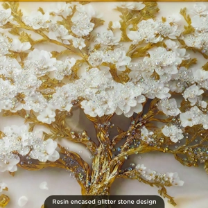WR751-10-White Blossom Tree with Golden Trunk and Vases Wall Art with Resin Encased Glittering Stone Aluminium Frame (6)
