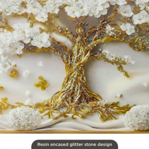 WR751-10-White Blossom Tree with Golden Trunk and Vases Wall Art with Resin Encased Glittering Stone Aluminium Frame (8)