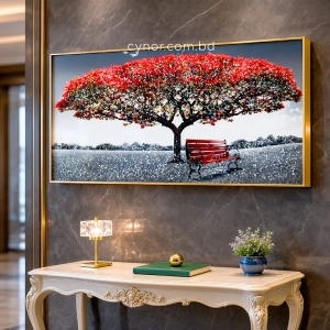 WR751-4-Red Blossom Tree with Park Bench Wall Art with Resin Encased Glittering Stone Aluminium Frame (1)