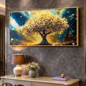 WR751-7-Golden Tree of Life in Celestial Sky Wall Art with Resin Encased Glittering Stone and Aluminium Frame (1)