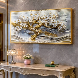 WR751-9-White Blossom Tree with Golden Trunk Abstract Wall Art with Resin Encased Glittering Stone Aluminium Frame (1)