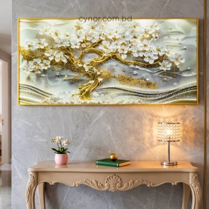 WR751-9-White Blossom Tree with Golden Trunk Abstract Wall Art with Resin Encased Glittering Stone Aluminium Frame (2)