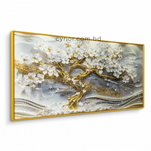 WR751-9-White Blossom Tree with Golden Trunk Abstract Wall Art with Resin Encased Glittering Stone Aluminium Frame (4)