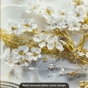 WR751-9-White Blossom Tree with Golden Trunk Abstract Wall Art with Resin Encased Glittering Stone Aluminium Frame (5)