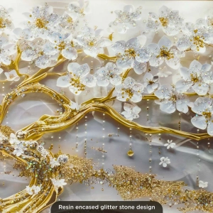 WR751-9-White Blossom Tree with Golden Trunk Abstract Wall Art with Resin Encased Glittering Stone Aluminium Frame (6)