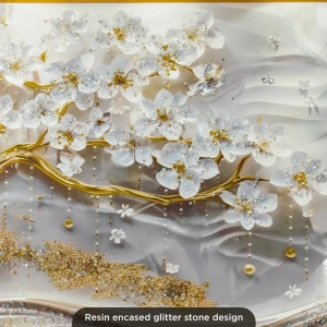 WR751-9-White Blossom Tree with Golden Trunk Abstract Wall Art with Resin Encased Glittering Stone Aluminium Frame (7)
