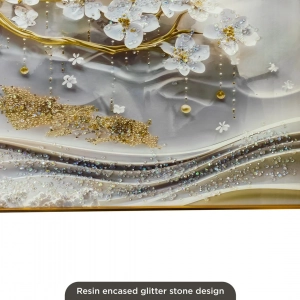 WR751-9-White Blossom Tree with Golden Trunk Abstract Wall Art with Resin Encased Glittering Stone Aluminium Frame (8)