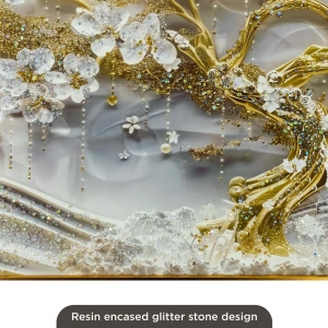 WR751-9-White Blossom Tree with Golden Trunk Abstract Wall Art with Resin Encased Glittering Stone Aluminium Frame (9)