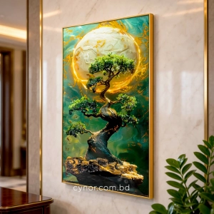 WR752-Bonsai Tree Golden Celestial Moon Wall Art with Resin Encased Glittering Stone and Aluminium Frame (1)
