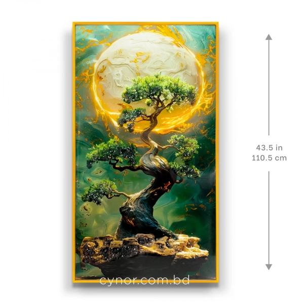 WR752-Bonsai Tree Golden Celestial Moon Wall Art with Resin Encased Glittering Stone and Aluminium Frame (2)