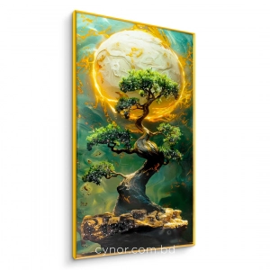 WR752-Bonsai Tree Golden Celestial Moon Wall Art with Resin Encased Glittering Stone and Aluminium Frame (3)