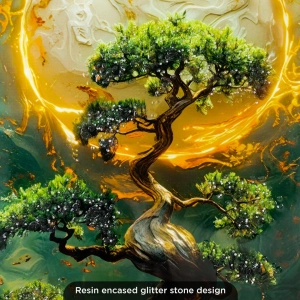 WR752-Bonsai Tree Golden Celestial Moon Wall Art with Resin Encased Glittering Stone and Aluminium Frame (4)