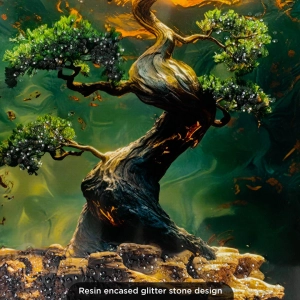 WR752-Bonsai Tree Golden Celestial Moon Wall Art with Resin Encased Glittering Stone and Aluminium Frame (5)
