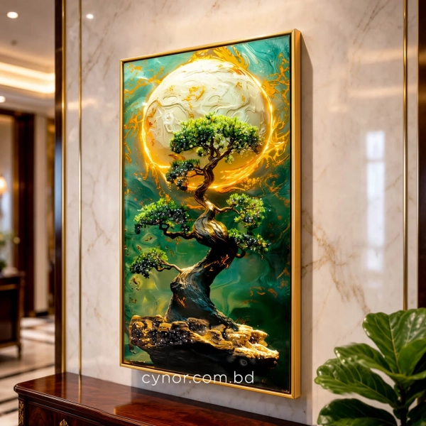 WR752-Bonsai Tree Golden Celestial Moon Wall Art with Resin Encased Glittering Stone and Aluminium Frame (8)