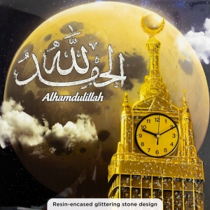 WR753-2-Makkah Clock Tower Art with Working Clock Kaaba Alhamdulillah Calligraphy Resin Glittering Stone Aluminium Frame (3)