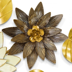 WR754-Premium Distressed Design Rustic Golden Lotus Pad And Cream Blossom Metal Wall Decor (4)