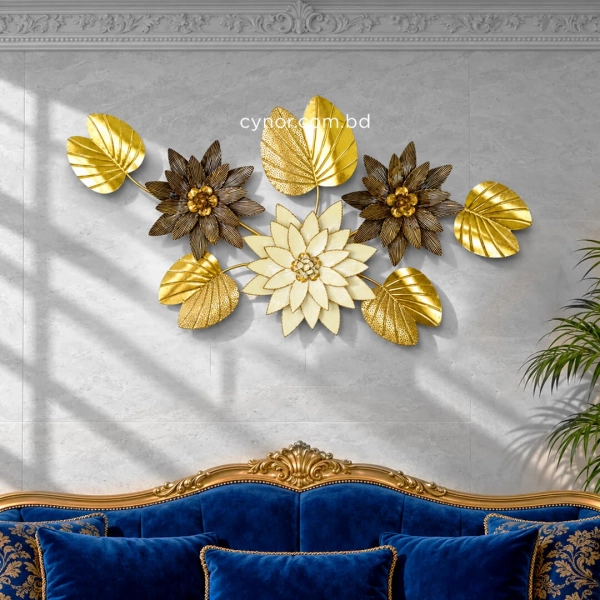 WR754-Premium Distressed Design Rustic Golden Lotus Pad And Cream Blossom Metal Wall Decor (8)